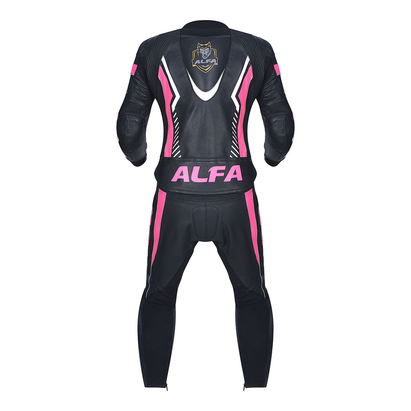 ALFA VEGA 2-teiliger Premium Kuhhaut Motorrad Lederkombi (Damen) - Schwarz/Rosa